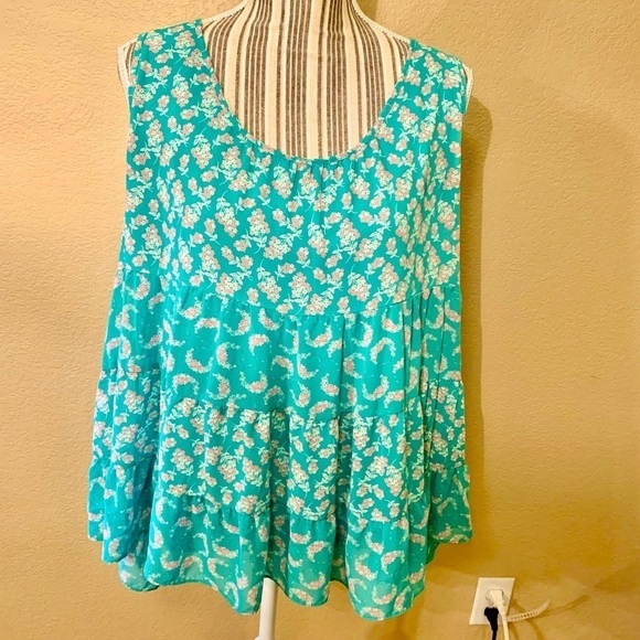LC Lauren Conrad Tunic Top XL Seafoam Green Floral Pink Cream Ruffled Tiers - Picture 1 of 15